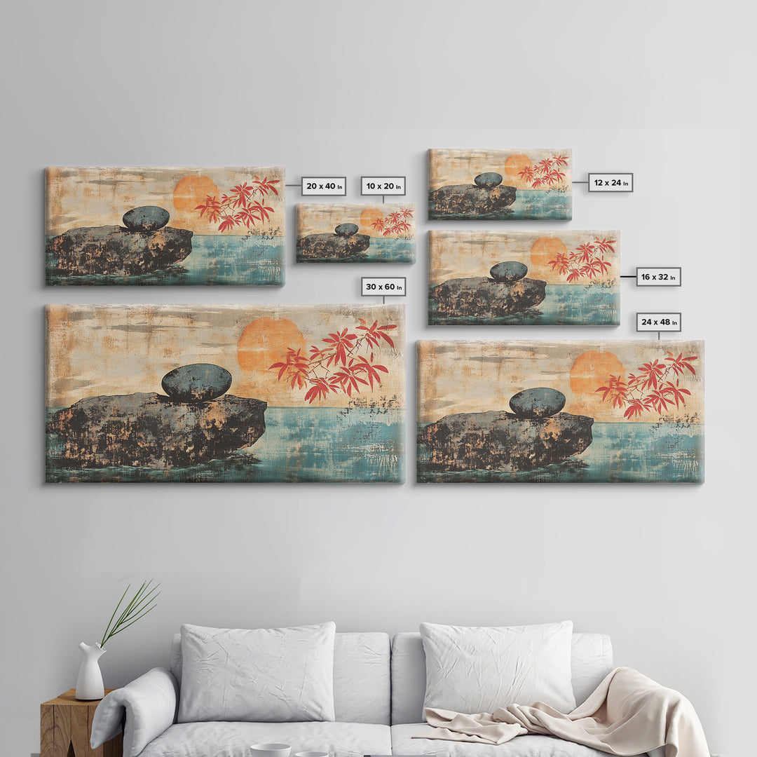 Zen Stone On Sea Cliff At Sunset Canvas Print, Japanese Minimalist Wall Art, Calm Coastal Decor, Spa Home Decor, Living Room Art