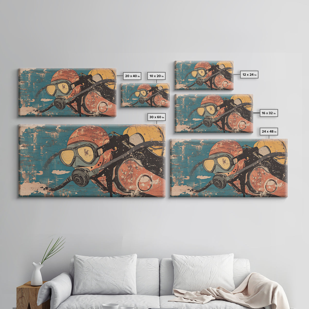Retro Scuba Mask And Diving Gear Wall Art, Ocean Adventure Print, Nautical Man Cave Decor, Coastal Bathroom Decor, Gift For Him
