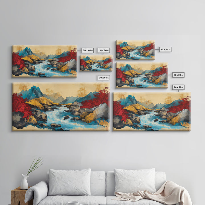 Turquoise Mountain River And Red Autumn Trees Wall Art, Panoramic Landscape Canvas, Modern Nature Decor, Living Room Print