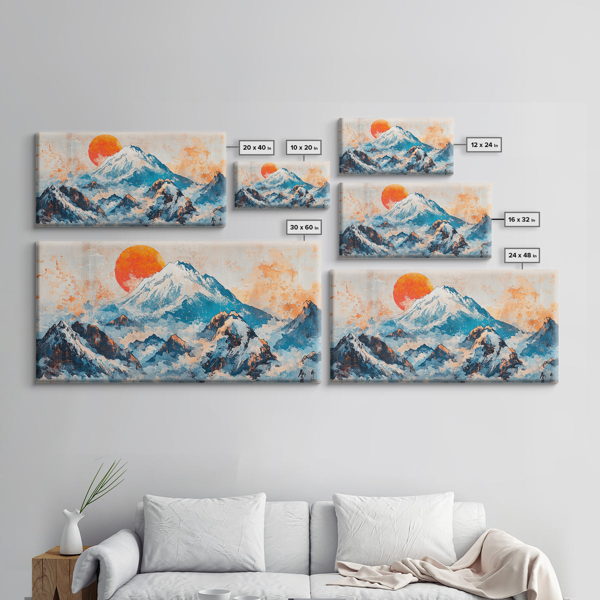Snowy Blue Mountains And Rising Orange Sun Framed Canvas Print, Japanese Landscape Wall Art, Large Modern Living Room Decor