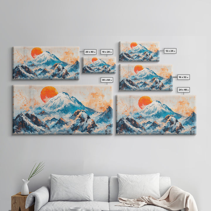 Snowy Blue Mountains And Rising Orange Sun Framed Canvas Print, Japanese Landscape Wall Art, Large Modern Living Room Decor