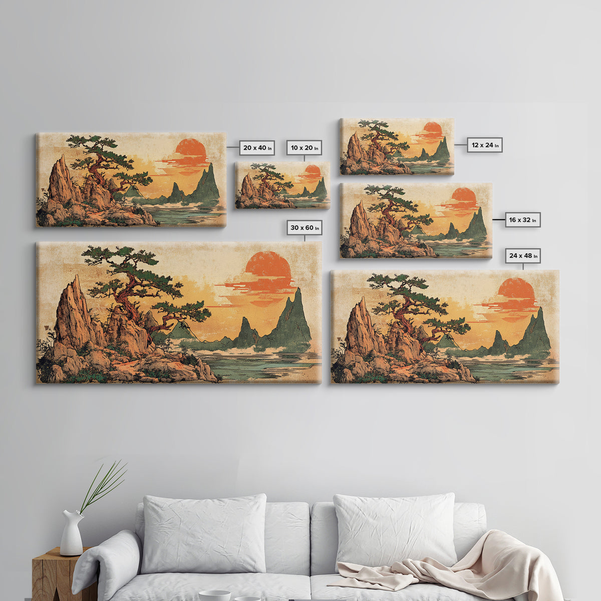 Twisted Pine On Rocky Coast At Sunset Canvas Print, Japanese Landscape Wall Art, Modern Coastal Japandi Living Room Decor
