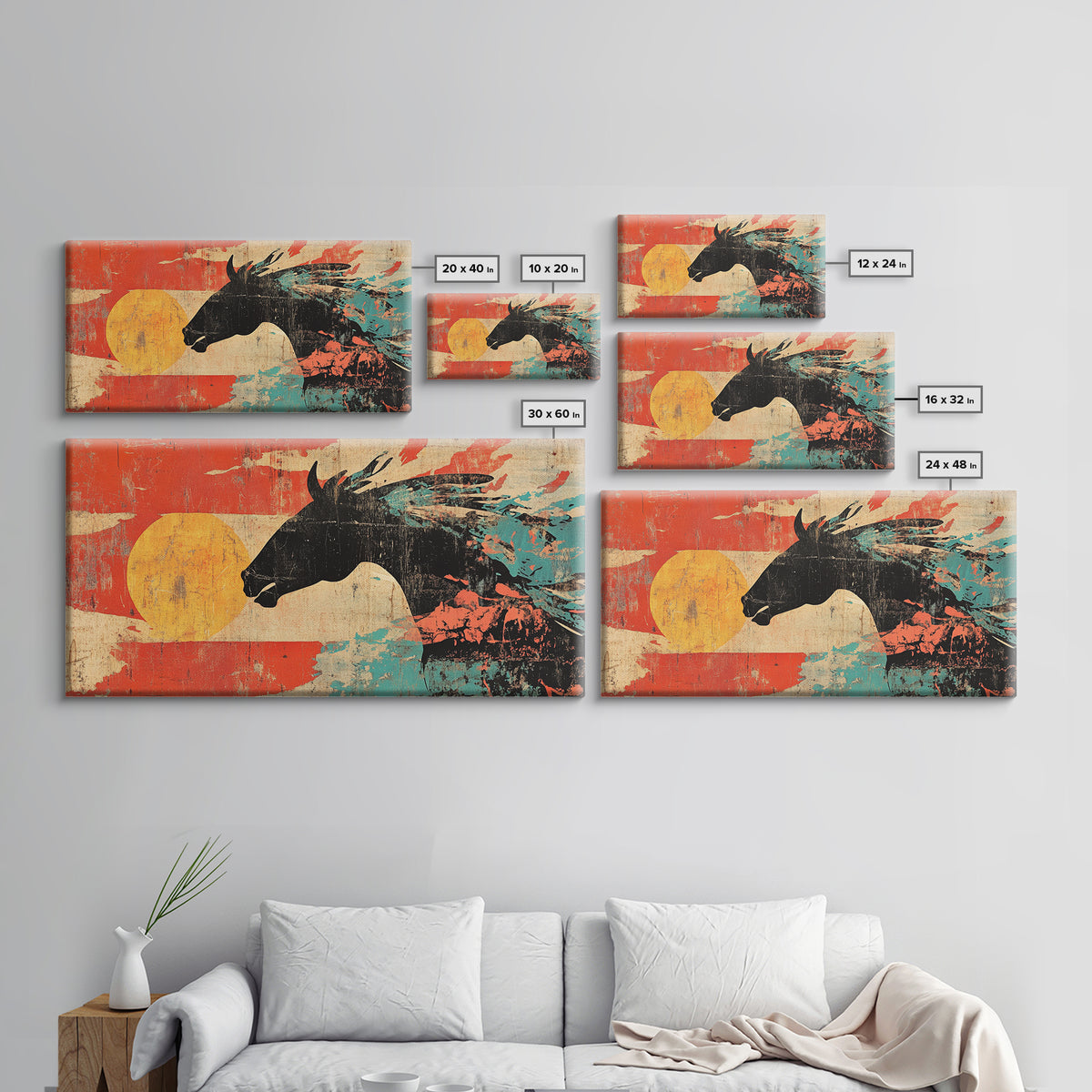 Black Wild Horse Silhouette With Red Sun Wall Art, Western Abstract Canvas Print, Rustic Cowboy Decor For Living Room Gift