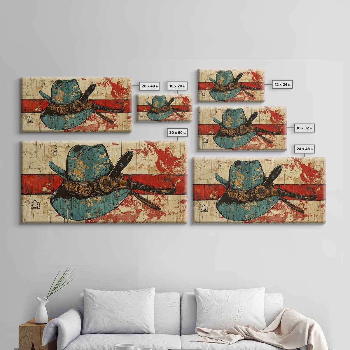 Turquoise Cowboy Hat And Lasso On Rustic Wood Wall Art, Western Canvas Print, Ranch Living Room Decor, Gift For Horse Lover