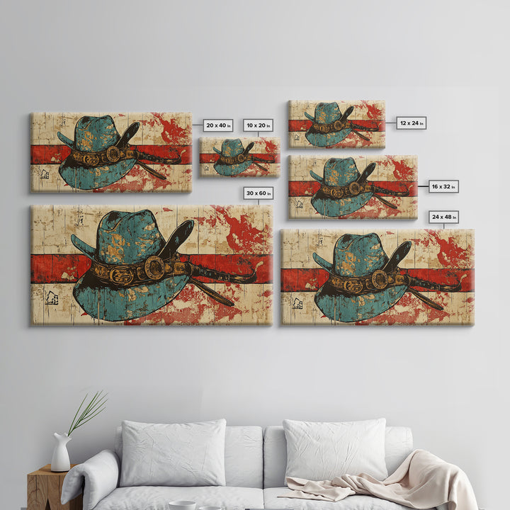 Turquoise Cowboy Hat And Lasso On Rustic Wood Wall Art, Western Canvas Print, Ranch Living Room Decor, Gift For Horse Lover