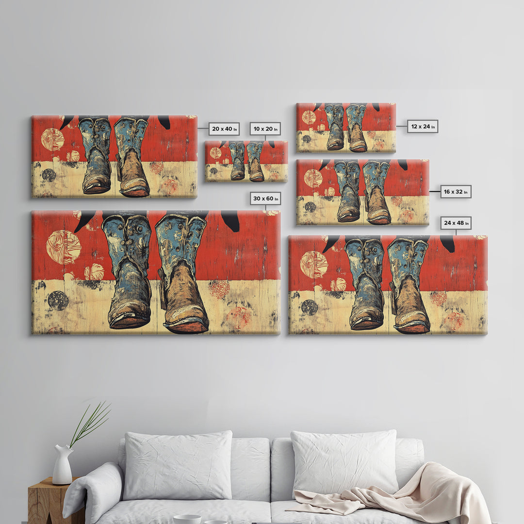 Weathered Cowboy Boots Wall Art, Rustic Western Canvas Print, Cowgirl Decor, Ranch House Living Room Wall Decor Gift For Him