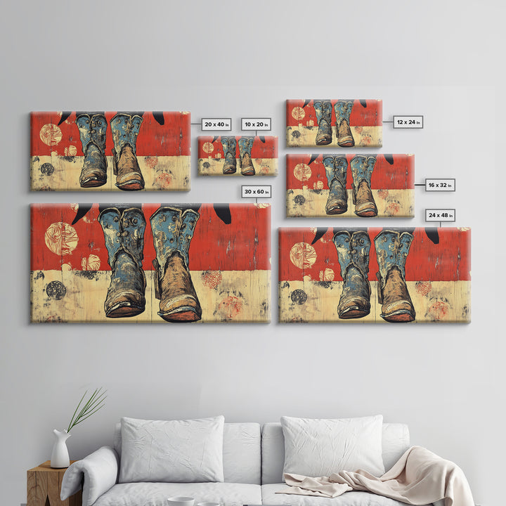 Weathered Cowboy Boots Wall Art, Rustic Western Canvas Print, Cowgirl Decor, Ranch House Living Room Wall Decor Gift For Him