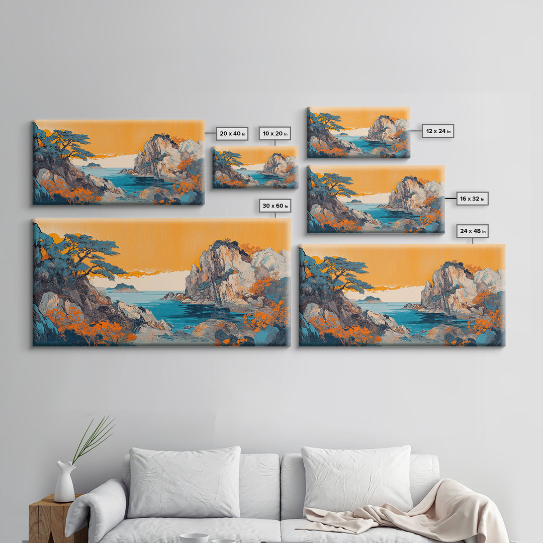 Orange Sky Rocky Coast Canvas Print, Japanese Seascape Wall Art, Coastal Landscape, Beach House Living Room Decor, Above Sofa Decor