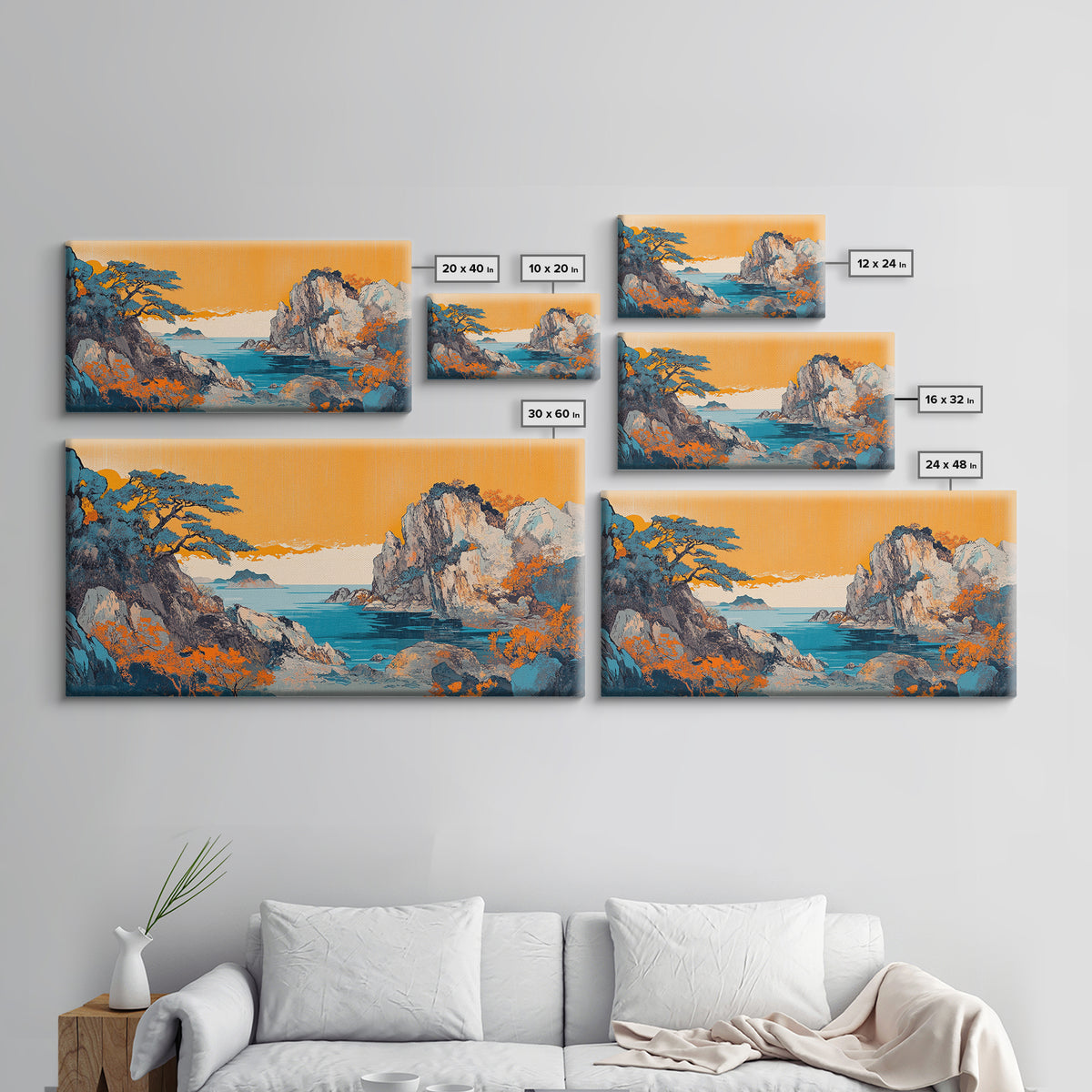 Orange Sky Rocky Coast Canvas Print, Japanese Seascape Wall Art, Coastal Landscape, Beach House Living Room Decor, Above Sofa Decor
