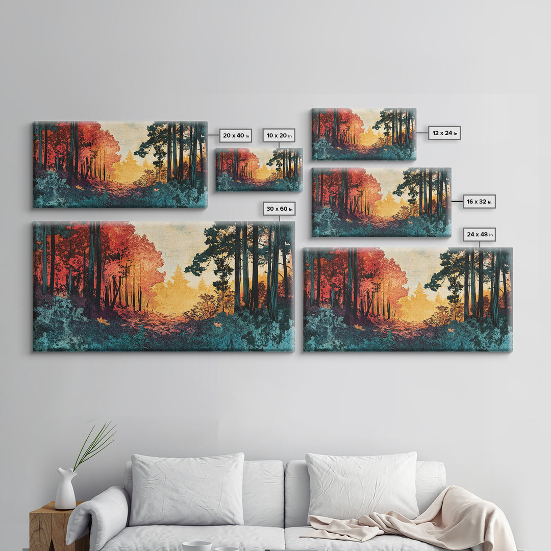 Autumn Forest Path Wall Art, Moody Landscape Canvas Print, Red Trees Nature Decor, Rustic Cabin Living Room Wall Decor Gift