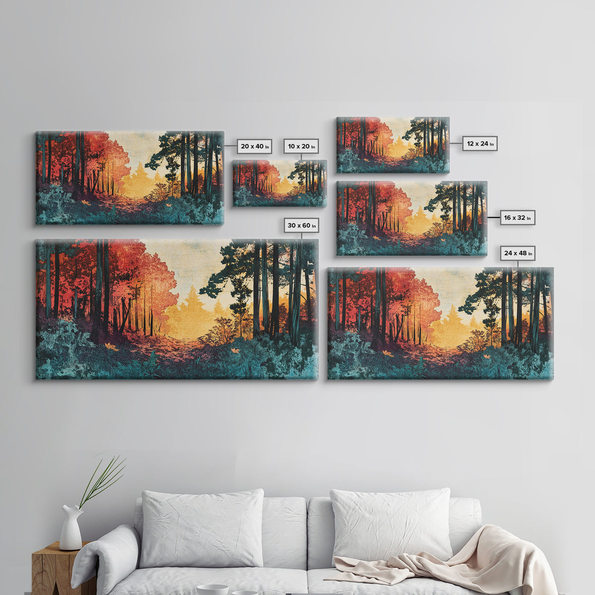 Autumn Forest Path Wall Art, Moody Landscape Canvas Print, Red Trees Nature Decor, Rustic Cabin Living Room Wall Decor Gift