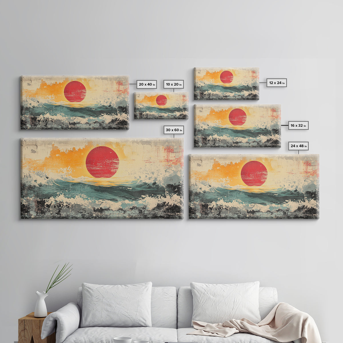 Abstract Red Sun Seascape Wall Art, Ocean Wave Canvas Print, Coastal Modern Decor, Large Living Room Wall Decor, Above Sofa Decor