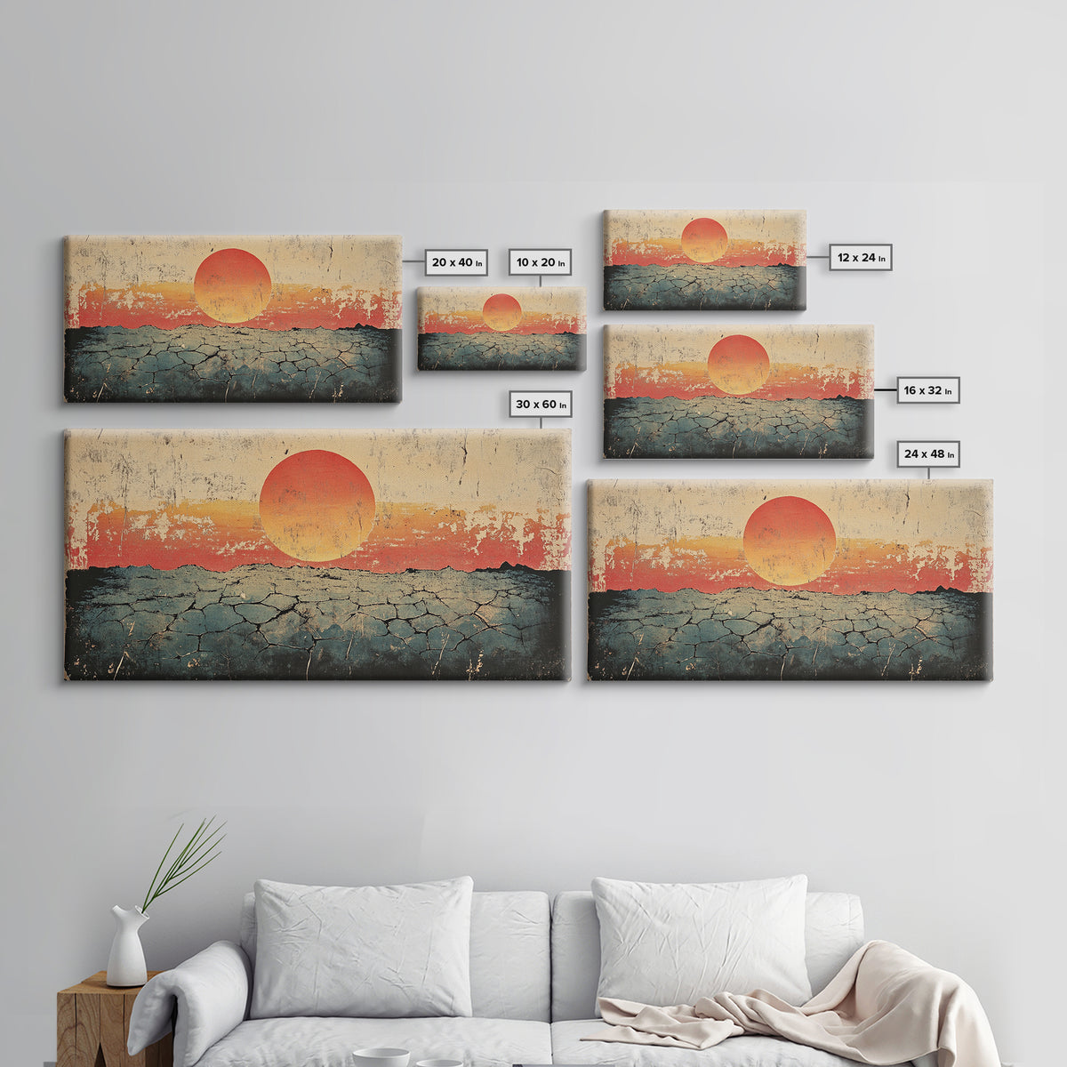Cracked Desert Red Sun Wall Art, Southwestern Canvas Print, Minimal Landscape, Earth Tone Modern Living Room Decor, Housewarming Gift