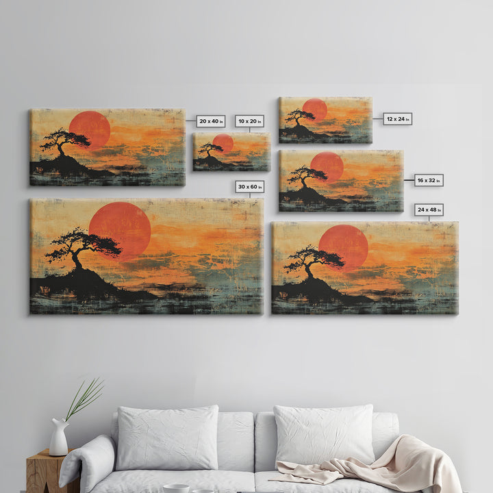 Solitary Tree Sunset Wall Art, Japanese Landscape Print, Moody Orange Coastal Decor, Panoramic Canvas Print For Living Room