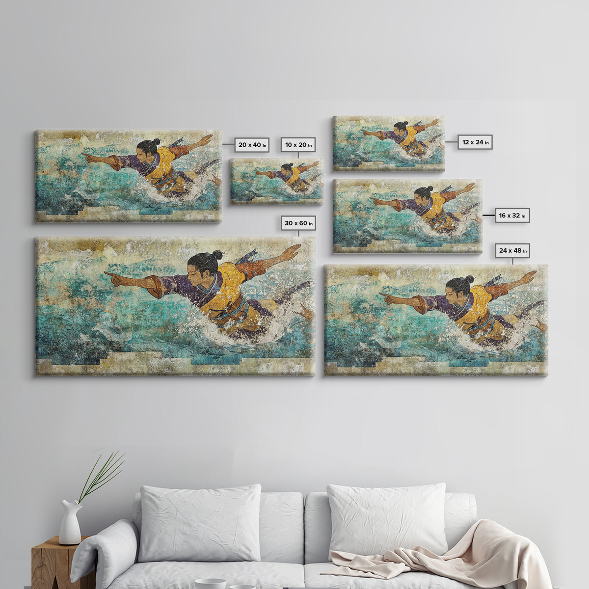 Japanese Warrior Swimming In Turquoise Waves Canvas Print, Asian Inspired Wall Decor, Martial Arts Gift, Coastal Home Decor