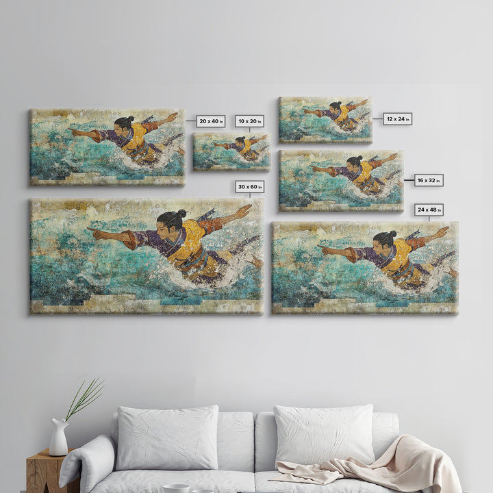 Japanese Warrior Swimming In Turquoise Waves Canvas Print, Asian Inspired Wall Decor, Martial Arts Gift, Coastal Home Decor