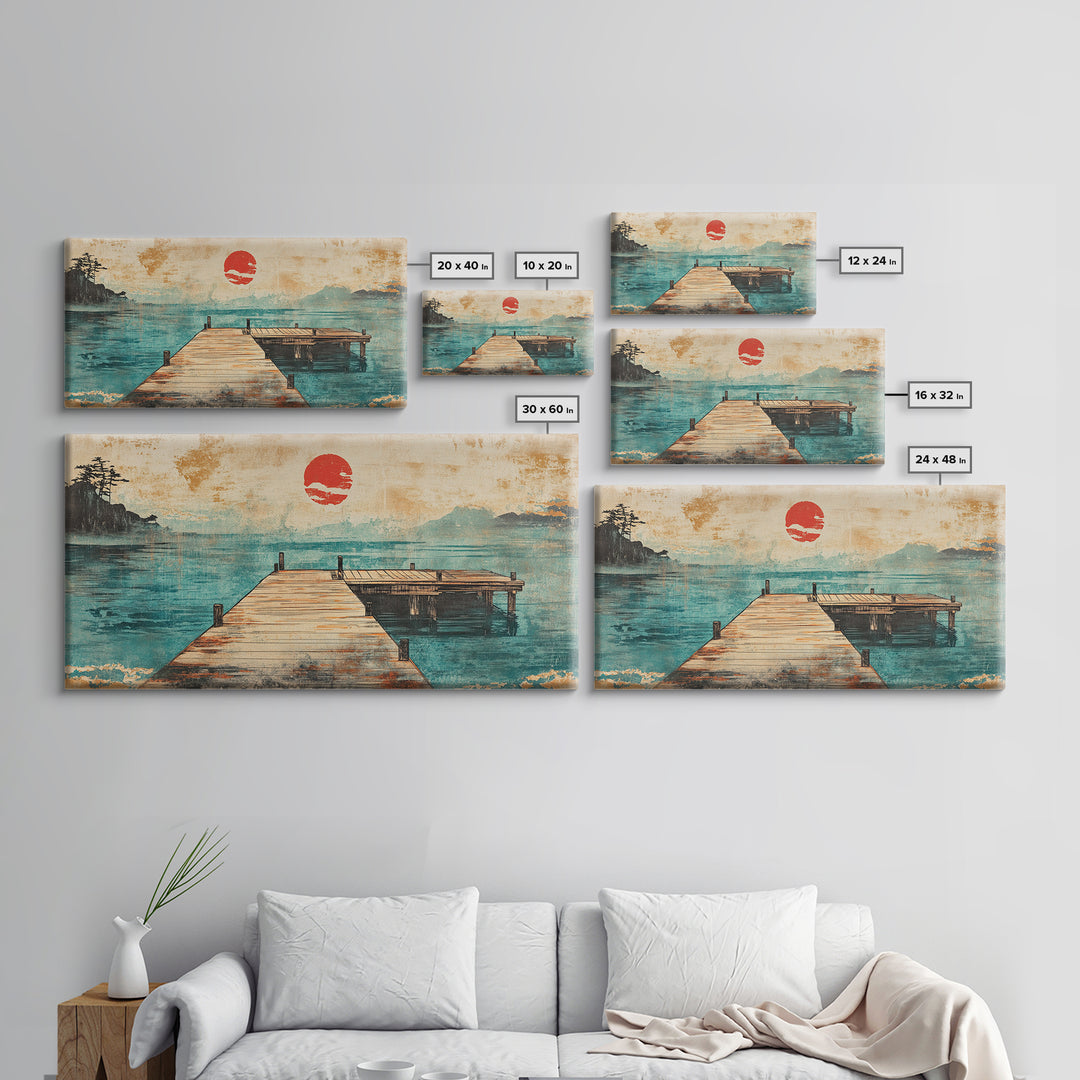 Quiet Dock On Misty Lake Wall Art, Japanese Red Sun Landscape Print, Coastal Cabin Decor, Serene Living Room Art, Housewarming Gift