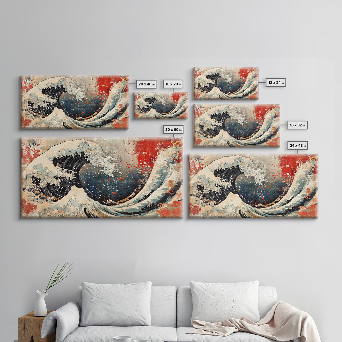 Great Wave With Red Sun Canvas Print, Japanese Ocean Wall Art, Hokusai Inspired Seascape, Coastal Living Room Decor Gift