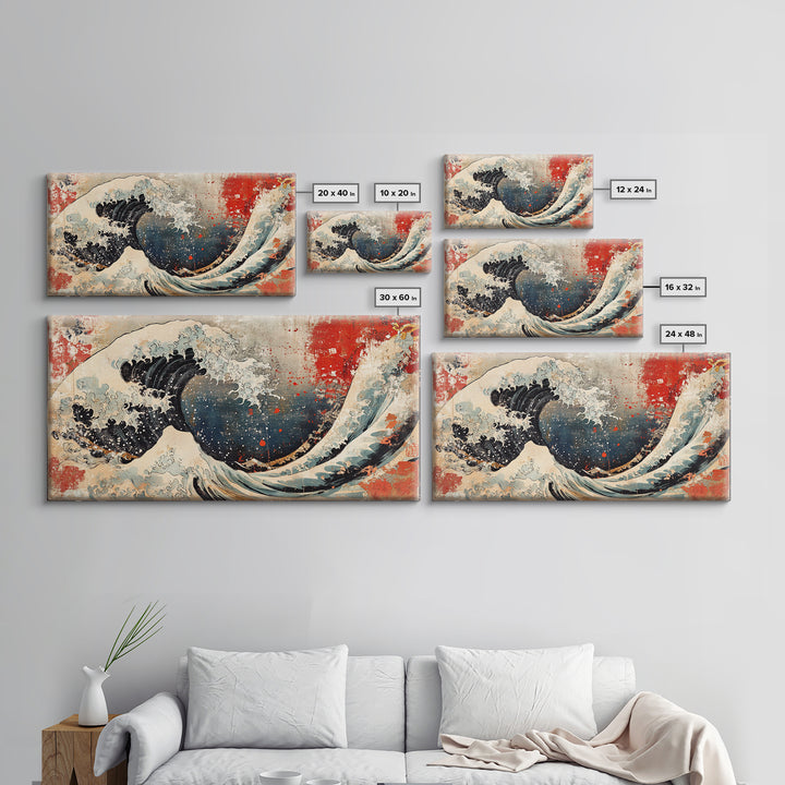 Great Wave With Red Sun Canvas Print, Japanese Ocean Wall Art, Hokusai Inspired Seascape, Coastal Living Room Decor Gift