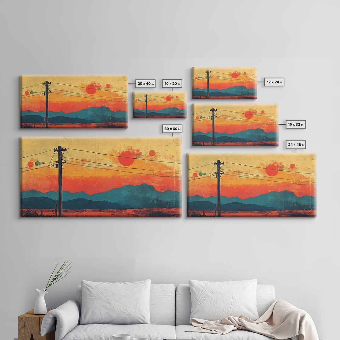 Telephone Poles At Orange Desert Sunset Wall Art, Retro Japanese Landscape Print, Mountain Decor, Mid Century Canvas Print