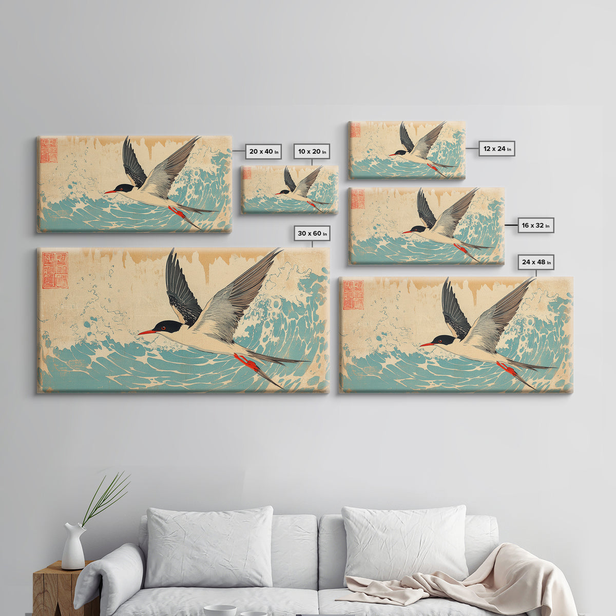 Elegant Tern Flying Over Teal Waves Wall Art, Japanese Bird Art Print, Coastal Nature Decor, Wildlife Canvas Print Gift For Her
