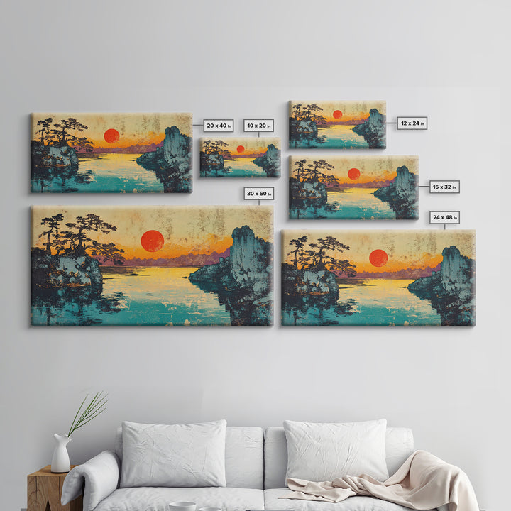 Red Sun Lake Between Pine Cliffs Wall Art, Japanese Landscape Canvas Print, Serene Nature Decor, Coastal Living Room Gift