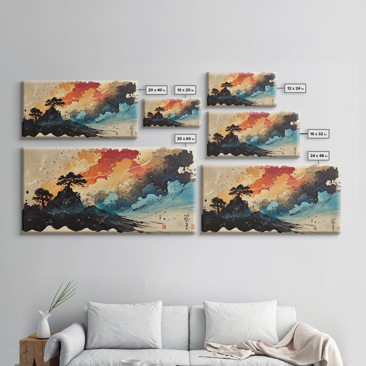 Stormy Island Waves And Red Clouds Wall Art, Japanese Ink Seascape Print, Moody Coastal Decor, Dramatic Canvas Print Gift