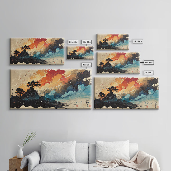 Stormy Island Waves And Red Clouds Wall Art, Japanese Ink Seascape Print, Moody Coastal Decor, Dramatic Canvas Print Gift