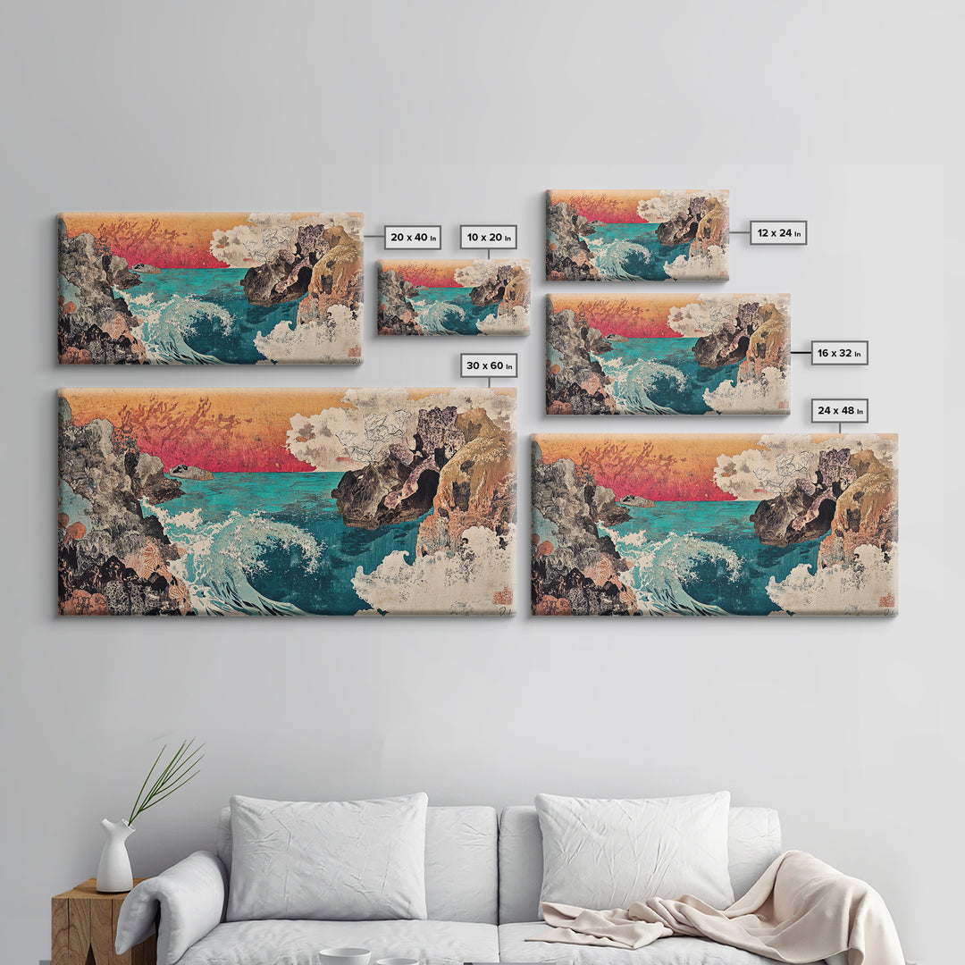 Rocky Cove With Turquoise Surf Wall Art, Japanese Coastal Seascape Print, Ocean Landscape Decor, Large Canvas Print Gift