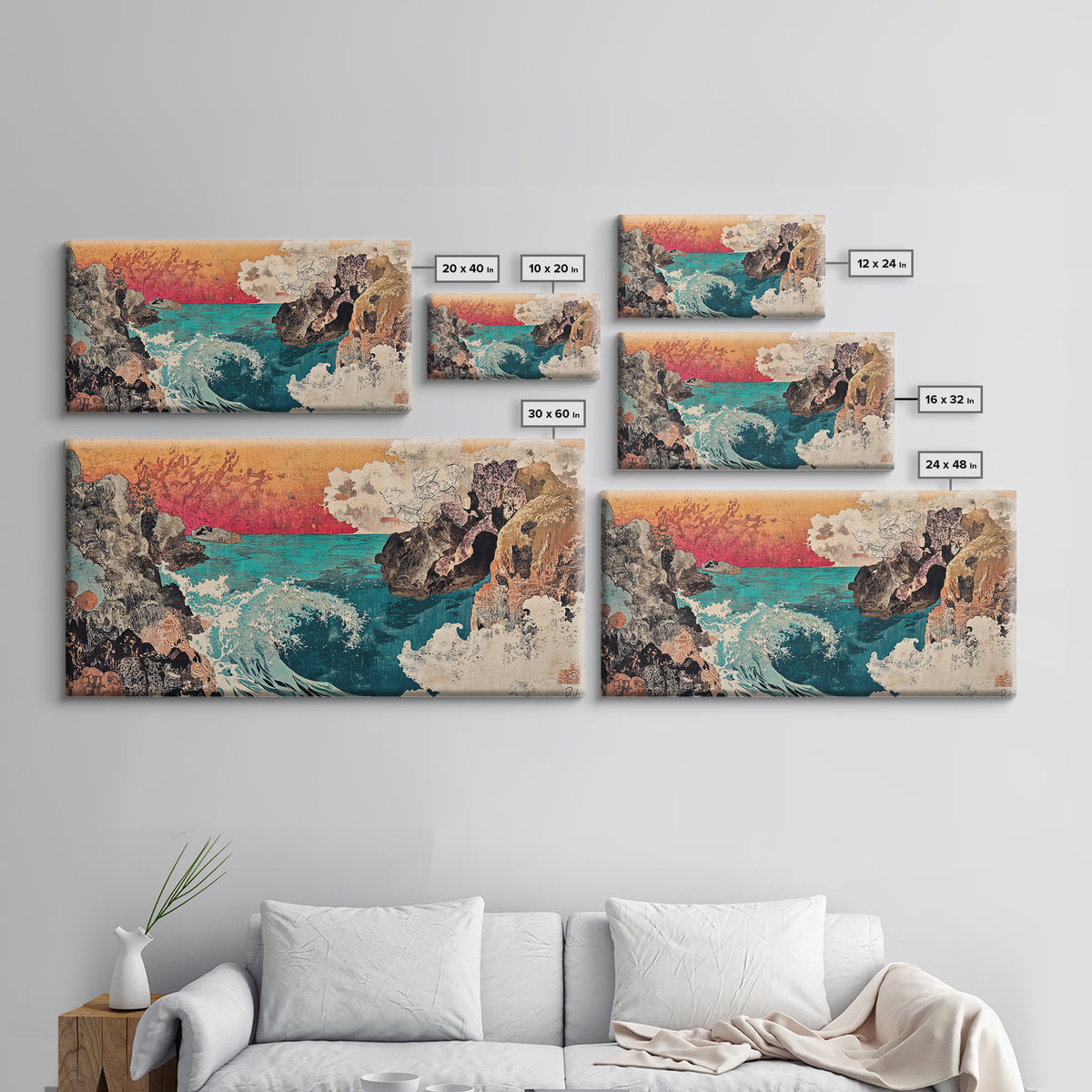 Rocky Cove With Turquoise Surf Wall Art, Japanese Coastal Seascape Print, Ocean Landscape Decor, Large Canvas Print Gift