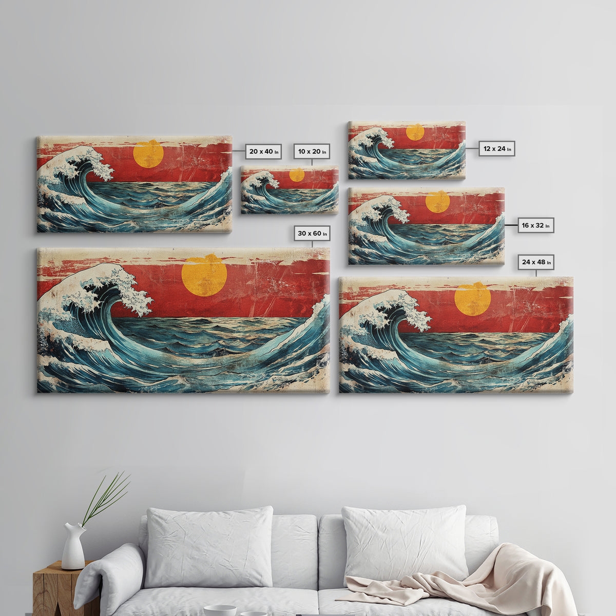 Rolling Ocean Wave Under Yellow Sun Canvas Print, Japanese Seascape Wall Art, Coastal Living Room Decor, Beach House Gift