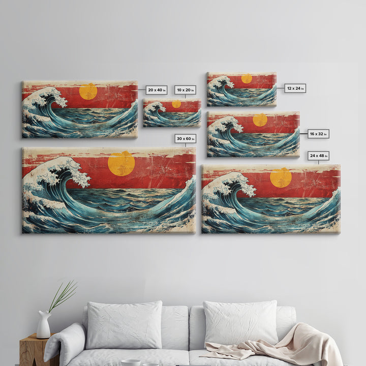 Rolling Ocean Wave Under Yellow Sun Canvas Print, Japanese Seascape Wall Art, Coastal Living Room Decor, Beach House Gift