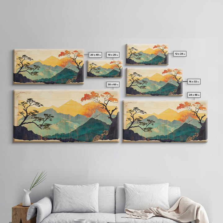 Golden Mountain Sunrise With Autumn Trees Wall Art, Japandi Landscape Canvas Print, Nature Decor For Calm Living Room And Bedroom Decor