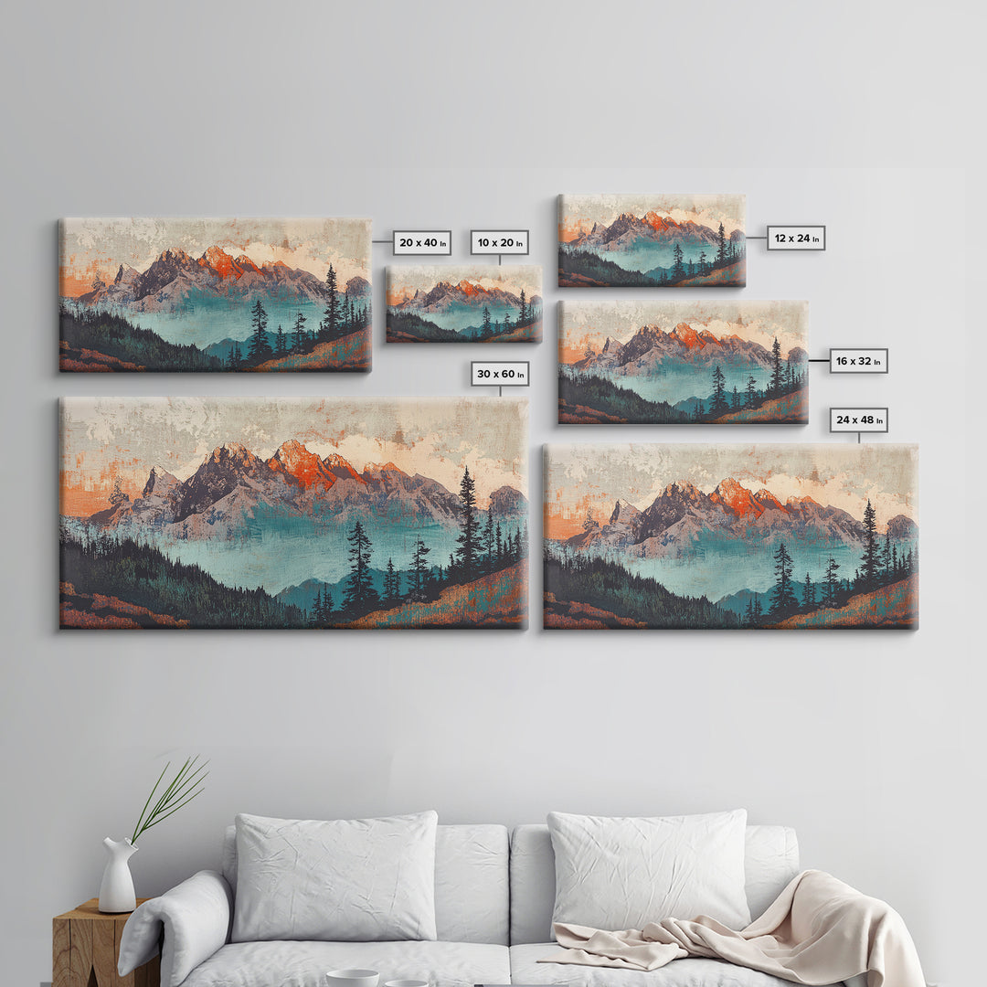 Snowy Mountain Peaks And Pine Forest Wall Art, Rustic Landscape Framed Canvas Print, Large Nature Decor For Living Room Art