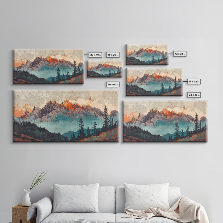 Snowy Mountain Peaks And Pine Forest Wall Art, Rustic Landscape Framed Canvas Print, Large Nature Decor For Living Room Art
