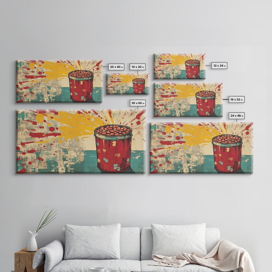 Retro Red Tin Of Beans With Yellow Paint Splashes Wall Art, Pop Art Canvas Print, Fun Kitchen Decor For Dining Room Poster
