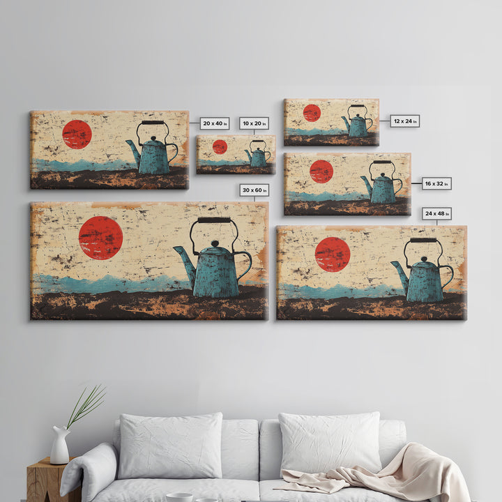 Blue Enamel Teapot Under Red Sun Wall Art, Japanese Minimalist Canvas Print, Rustic Kitchen Decor For Tea Lovers And Home Decor