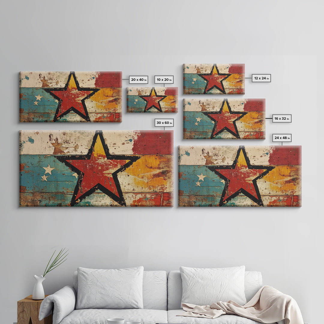 Distressed Red Star On Teal And Gold Abstract Wall Art, Retro Americana Canvas Print, Bold Rustic Home Decor For Man Cave Or Office