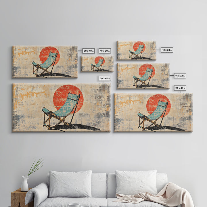 Turquoise Beach Chair In Front Of Red Sun Wall Art, Retro Coastal Canvas Print, Summer Beach House Decor For Patio And Living Room