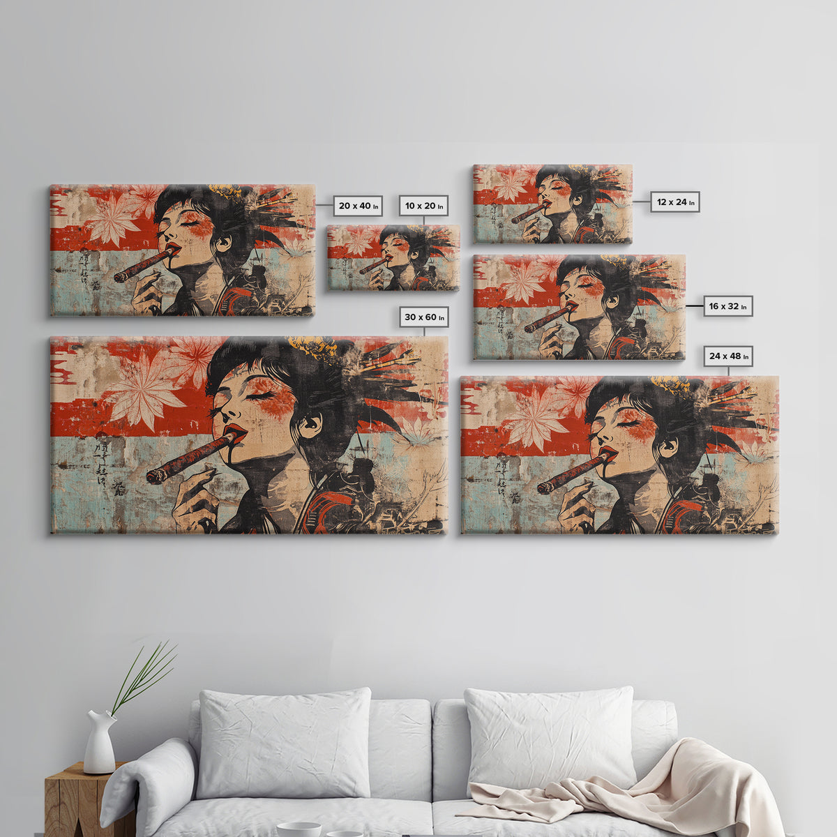 Glamorous Geisha Woman Smoking Cigar Wall Art, Japanese Pop Art Canvas Print, Bold Feminine Decor For Lounge And Living Room