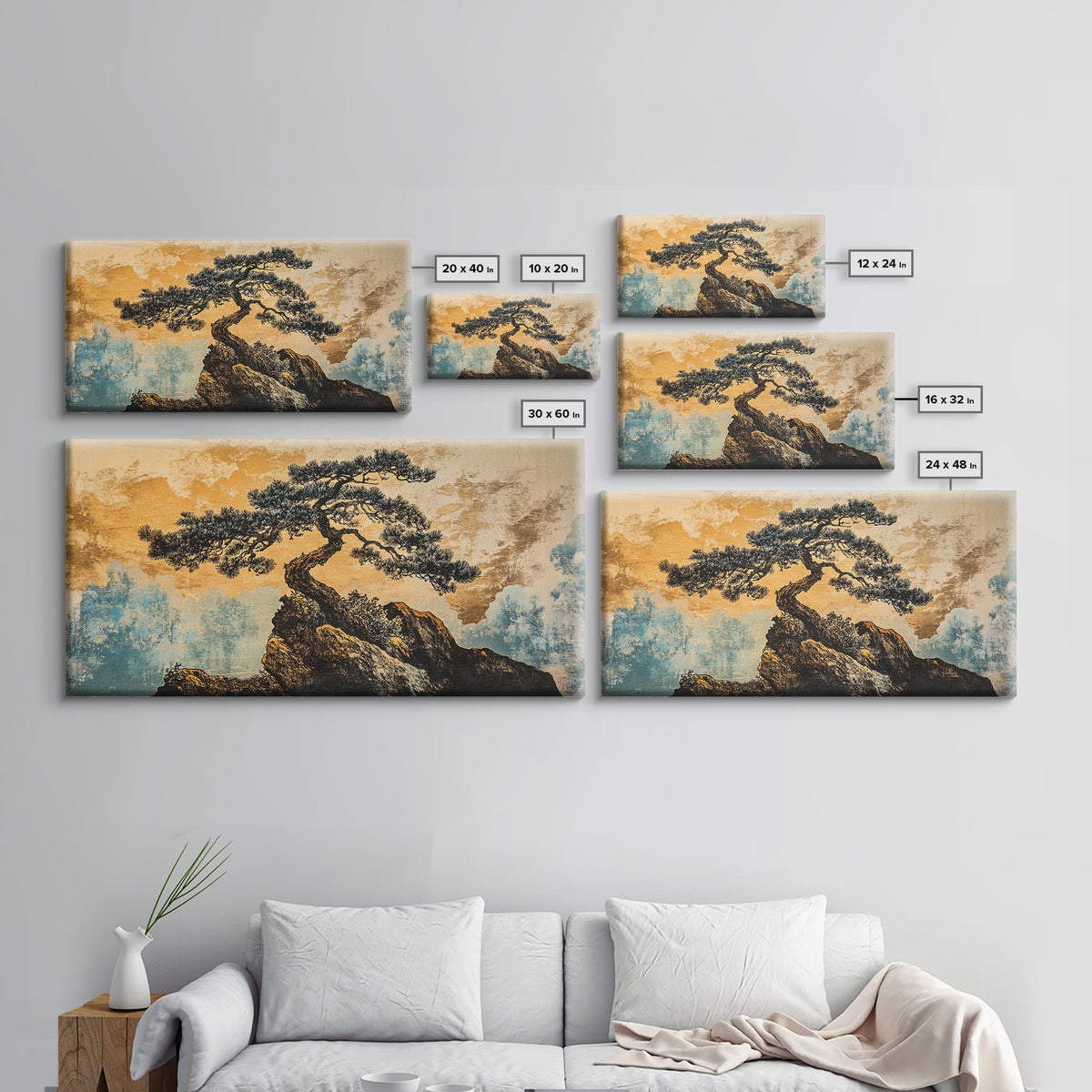 Twisted Bonsai On Golden Cliff Wall Art, Japanese Zen Landscape Print, Asian Inspired Decor, Teal Gold Living Room Art Print