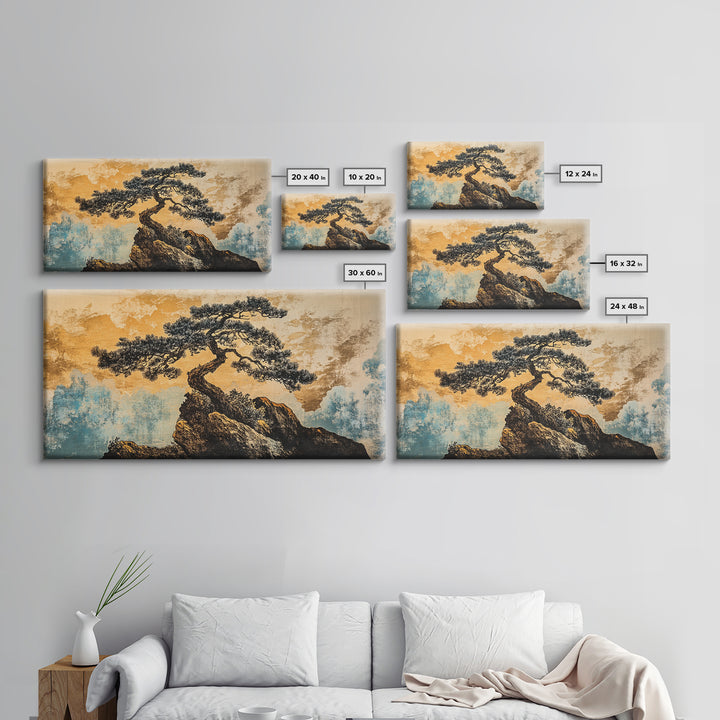 Twisted Bonsai On Golden Cliff Wall Art, Japanese Zen Landscape Print, Asian Inspired Decor, Teal Gold Living Room Art Print