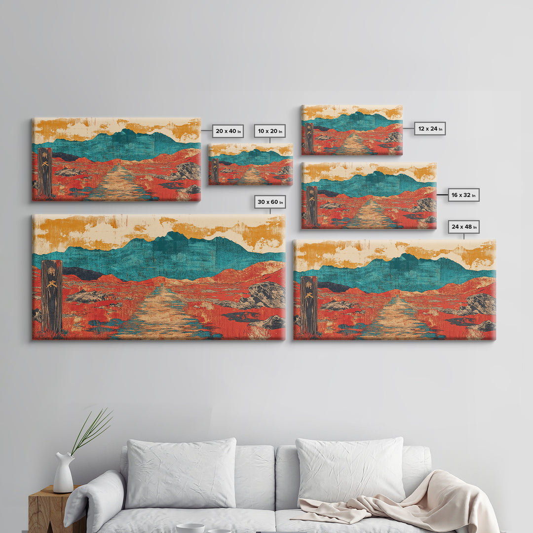 Red Desert Road To Turquoise Mountains Canvas Print, Southwestern Landscape Art, Boho Western Decor, Large Living Room Wall Art