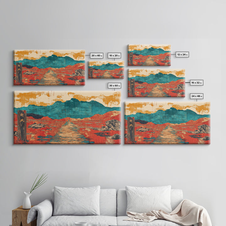 Red Desert Road To Turquoise Mountains Canvas Print, Southwestern Landscape Art, Boho Western Decor, Large Living Room Wall Art