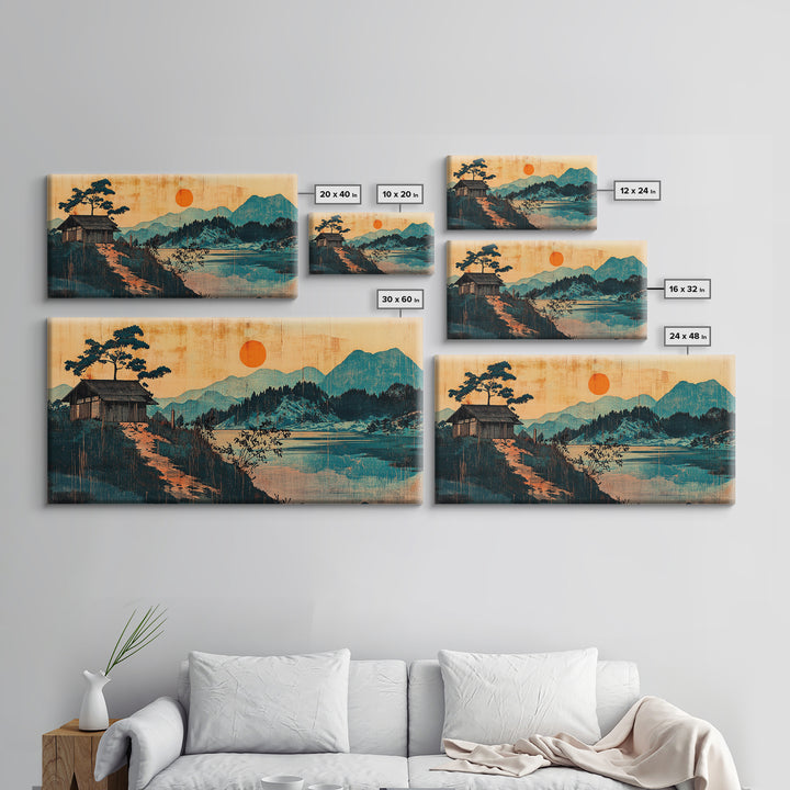 Lakeside Cabin With Red Sun Wall Art, Japanese Mountain Landscape Print, Japandi Decor, Serene Living Room Canvas Art Print