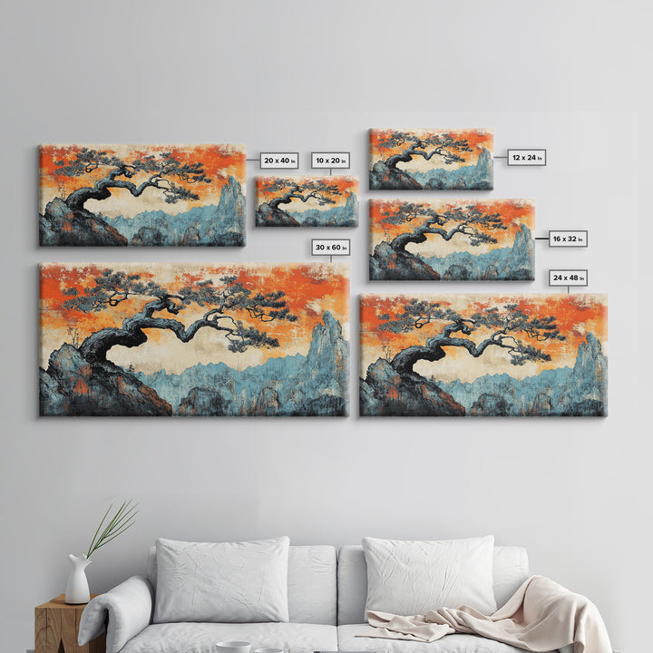 Windswept Pine Over Misty Blue Mountains Wall Art, Asian Landscape Print, Orange Sky Japandi Decor, Large Canvas Print Decor