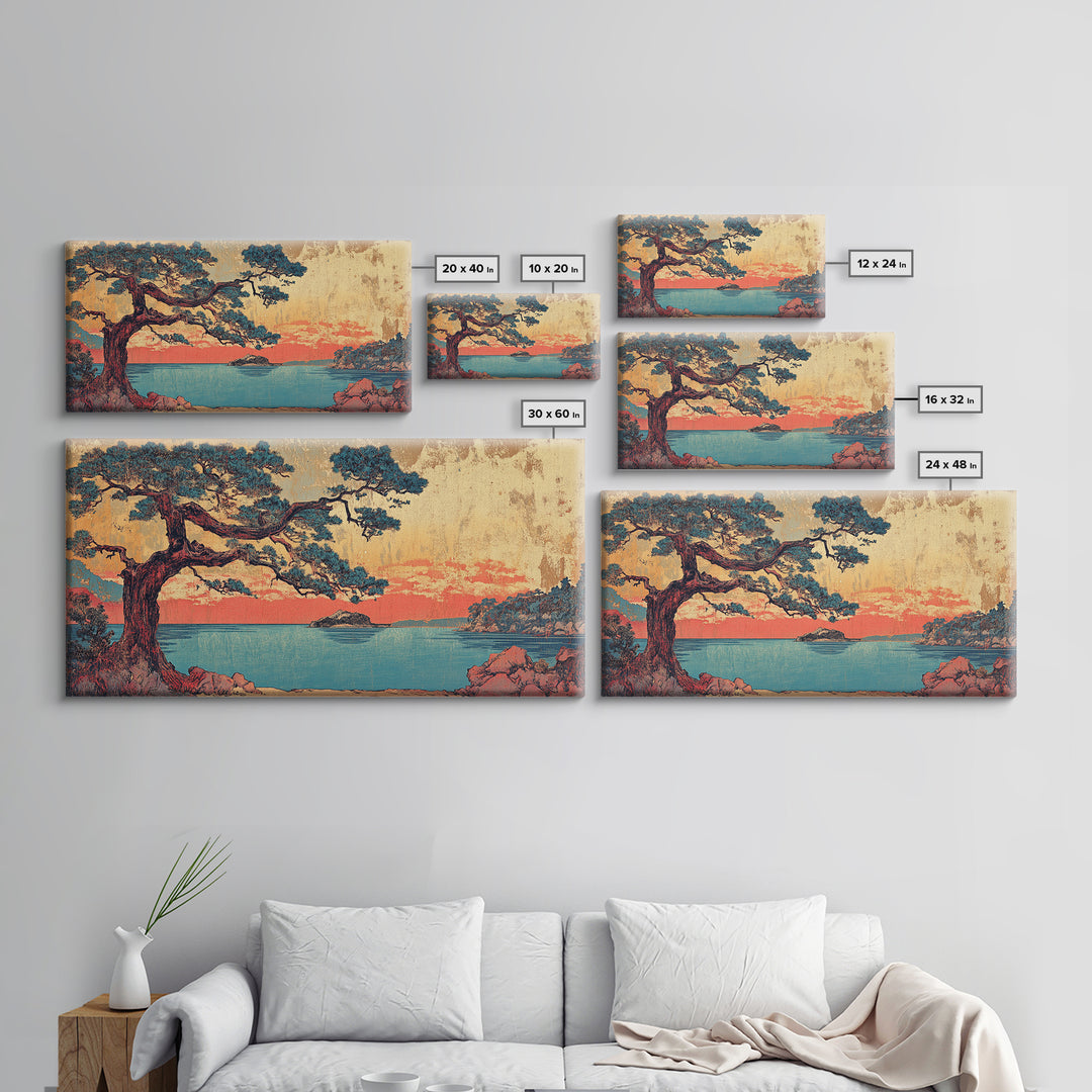 Coastal Pine Tree At Coral Sunset Framed Canvas Print, Japanese Seascape Wall Art, Teal Ocean Decor, Above Sofa Art Print