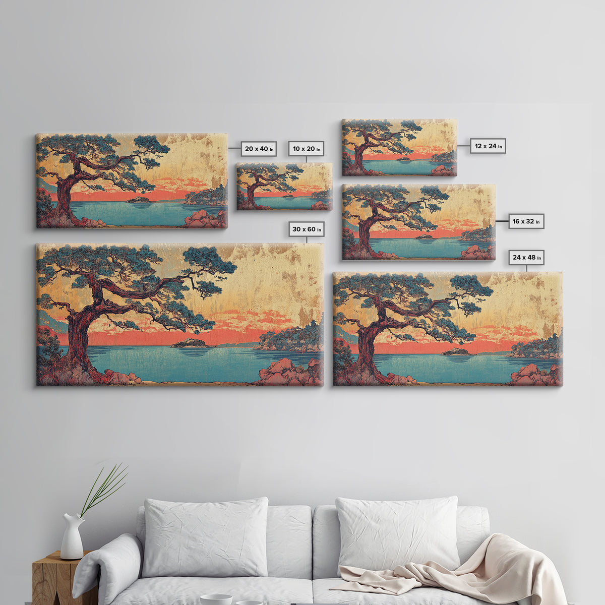 Coastal Pine Tree At Coral Sunset Framed Canvas Print, Japanese Seascape Wall Art, Teal Ocean Decor, Above Sofa Art Print