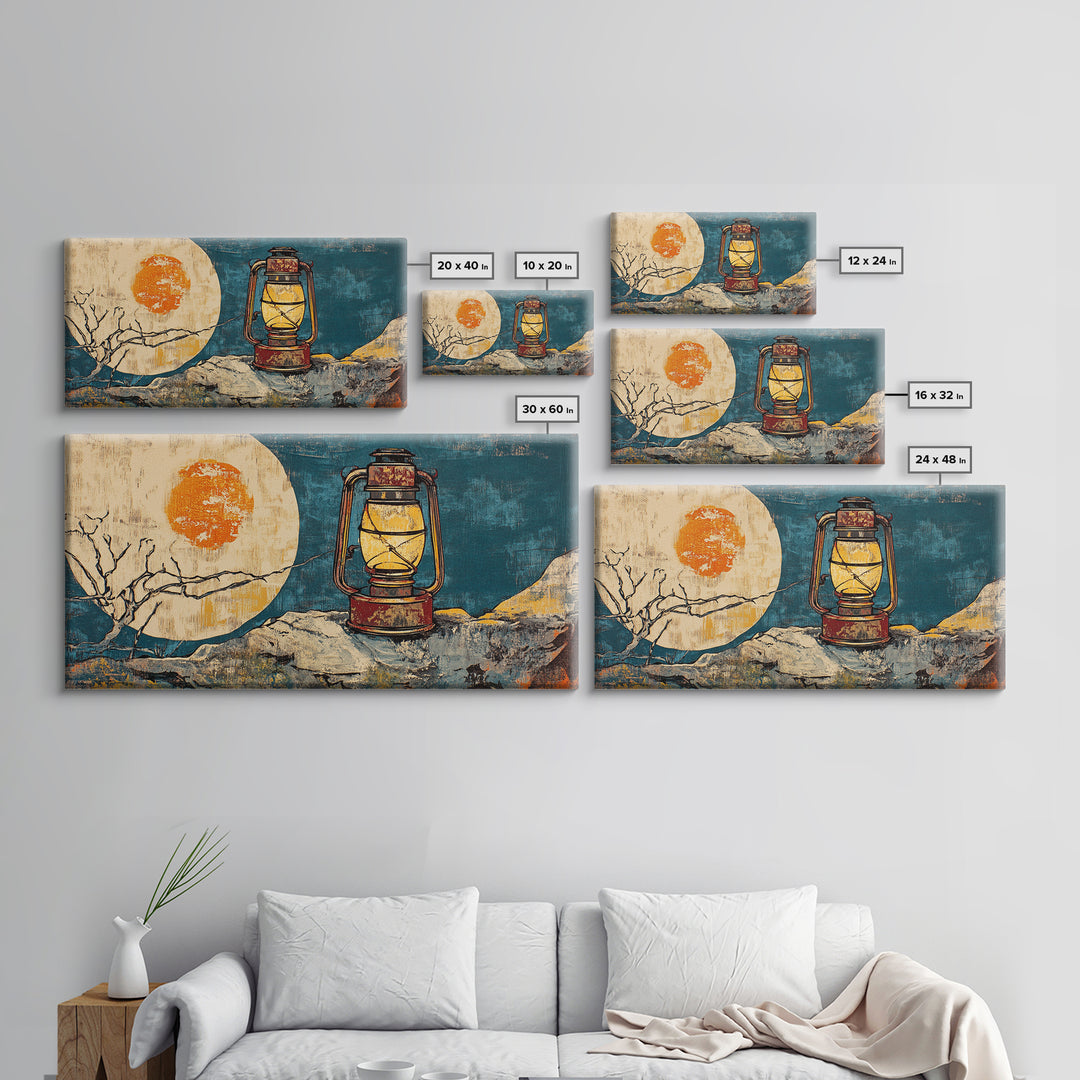Rustic Lantern Beside Abstract Moon Wall Art, Teal Gold Night Sky Print, Celestial Decor, Wabi Sabi Canvas Print For Bedroom