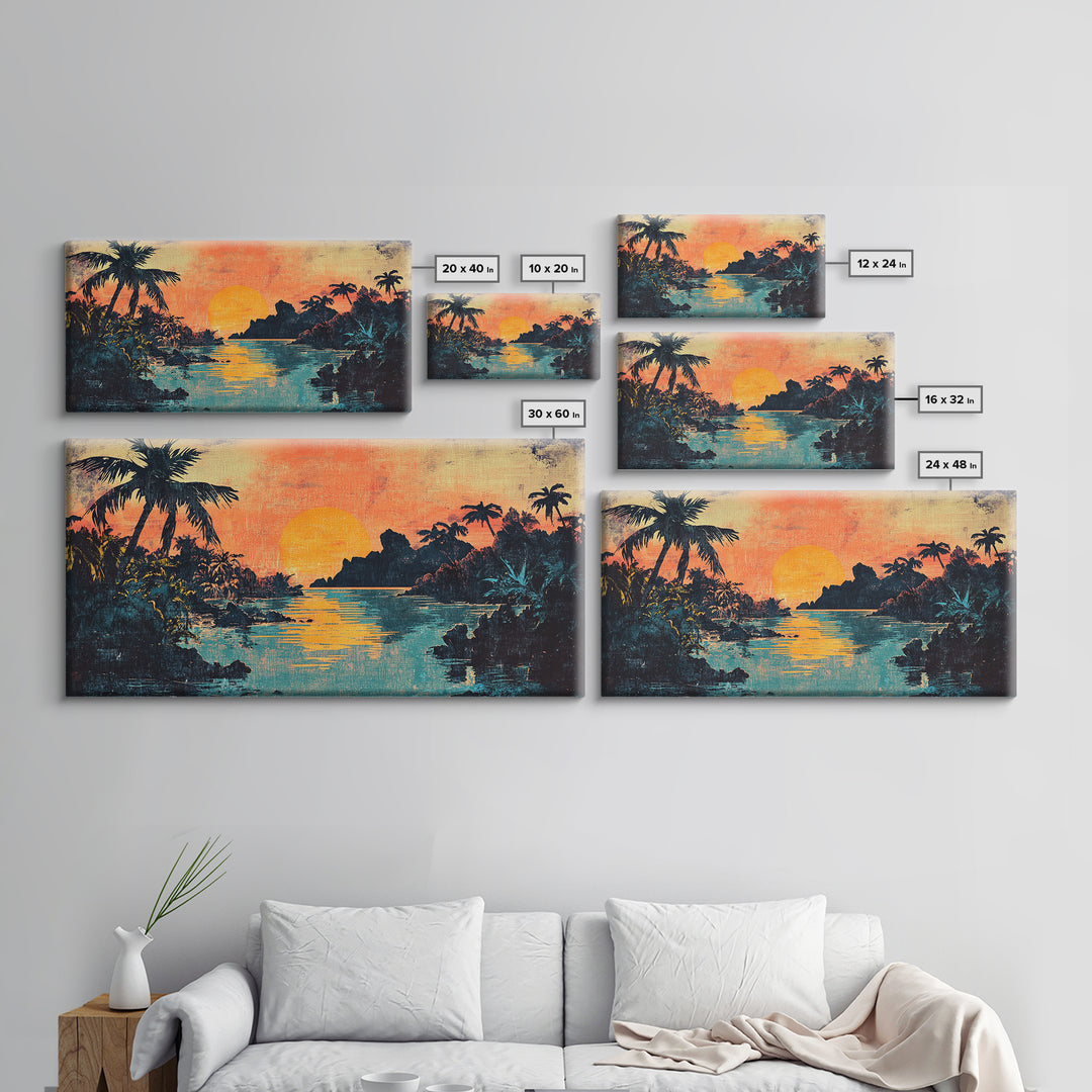 Tropical Lagoon Sunset With Palm Trees Canvas Print, Coastal Wall Art, Island Decor, Vibrant Beach House Living Room Art